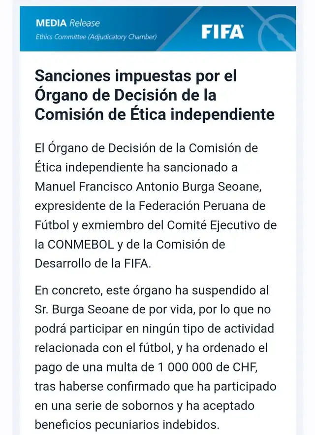 FIFA sanciona a Burga.   