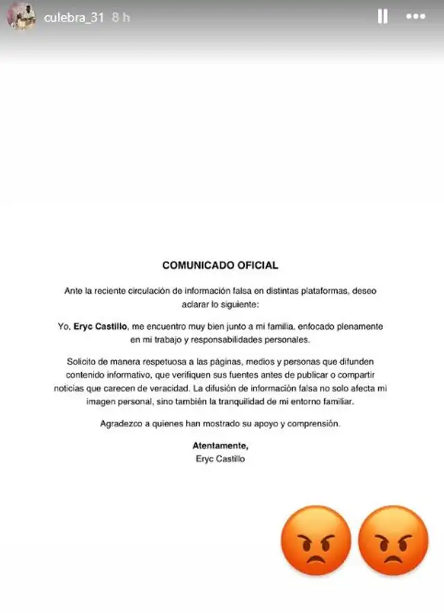 Pronunciamiento de Eryc Castillo. Foto: Instagram/Culebra_31 Pronunciamiento de Eryc Castillo. Foto: Instagram/Culebra_31