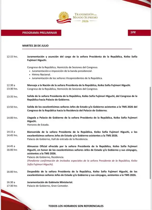 ¿A qué hora inicia la juramentación de Keiko Fujimori como presidenta?