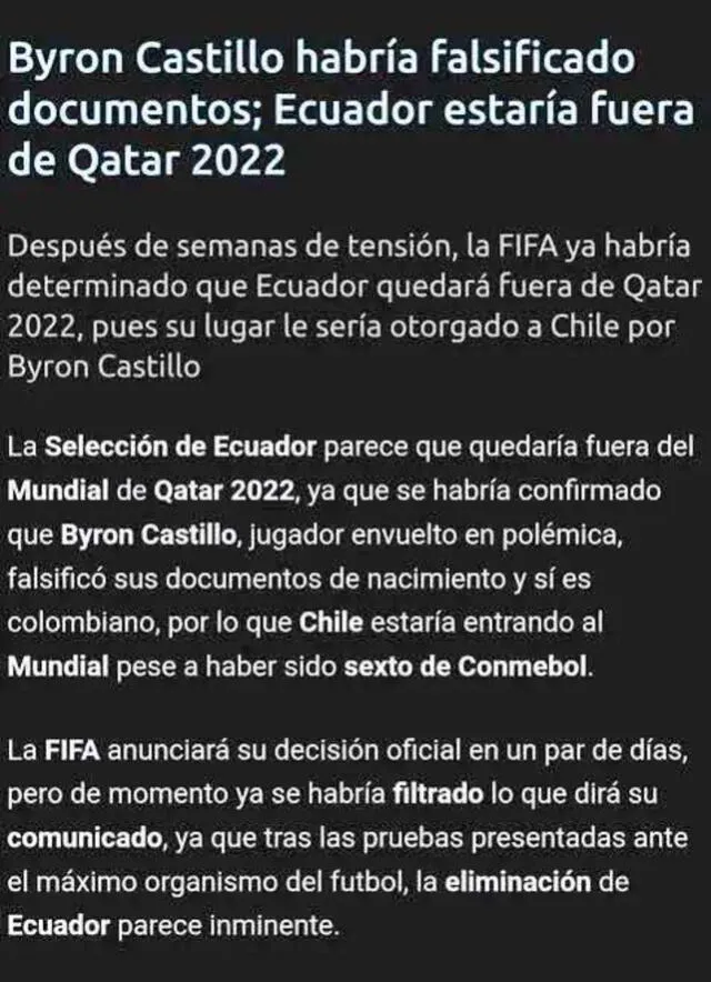 El artículo de Azteca Deportes sobre Byron Castillo. / FUENTE: Twitter.   