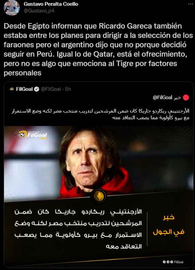 Ricardo Gareca recibió propuesta de Egipto. / FUENTE: Twitter. 