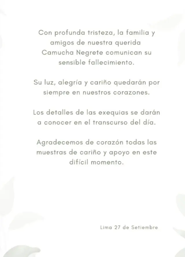 Familiares informaron que Camucha Negrete falleció esta mañana.  