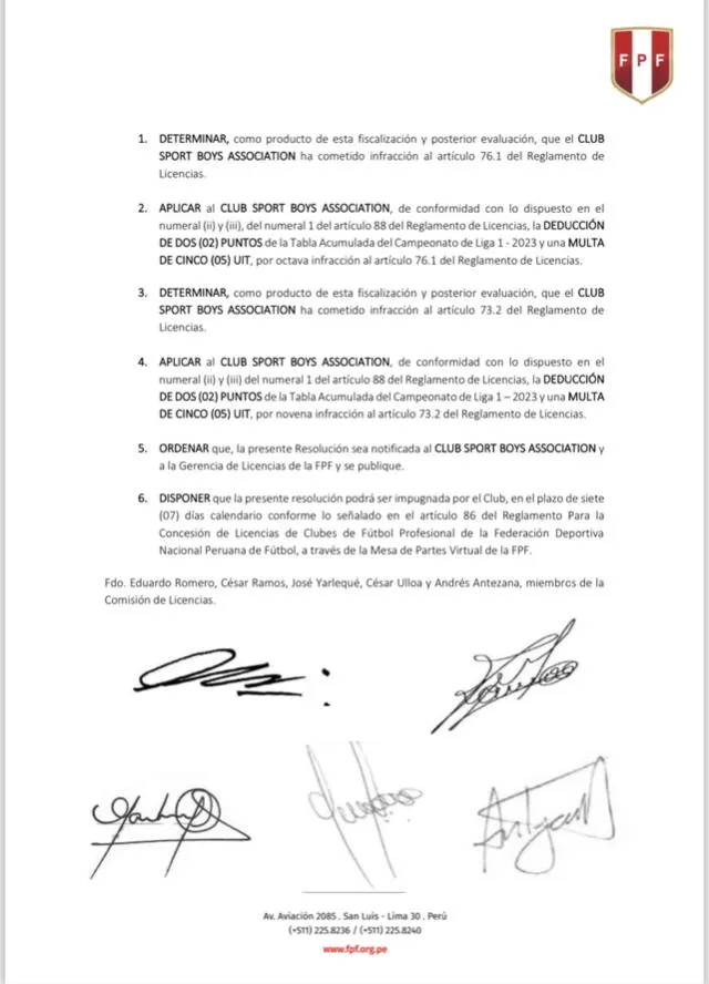 Parte del comunicado de la Comisión de Licencias de la FPF   