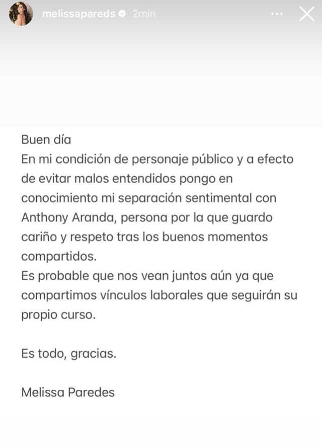 Melissa Paredes anunciaba el fin de su relación con Anthony Aranda en Instagram.