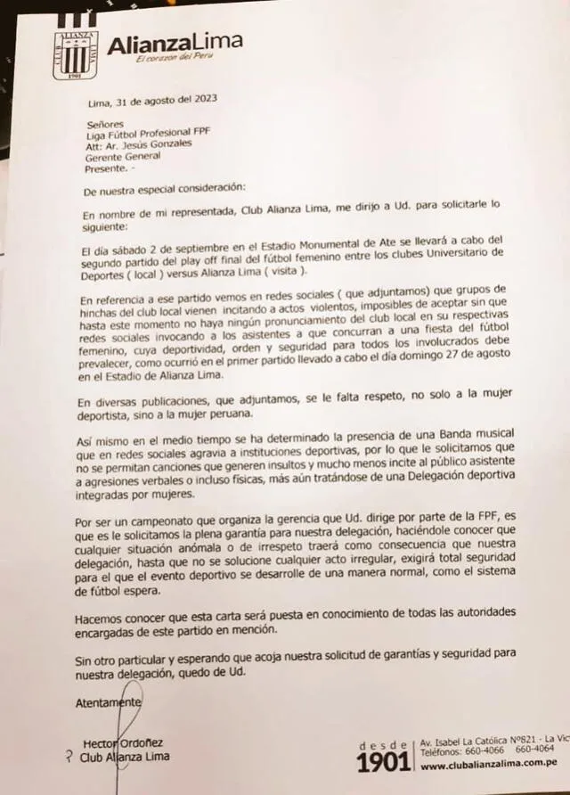 La carta que manifesta los reclamos de Alianza Lima. | Foto: Twitter   