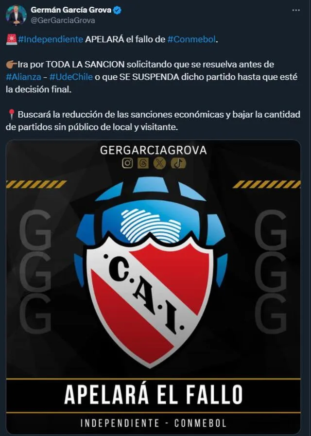  Información sobre el caso de Independiente. Foto: X/Germán García Grove   