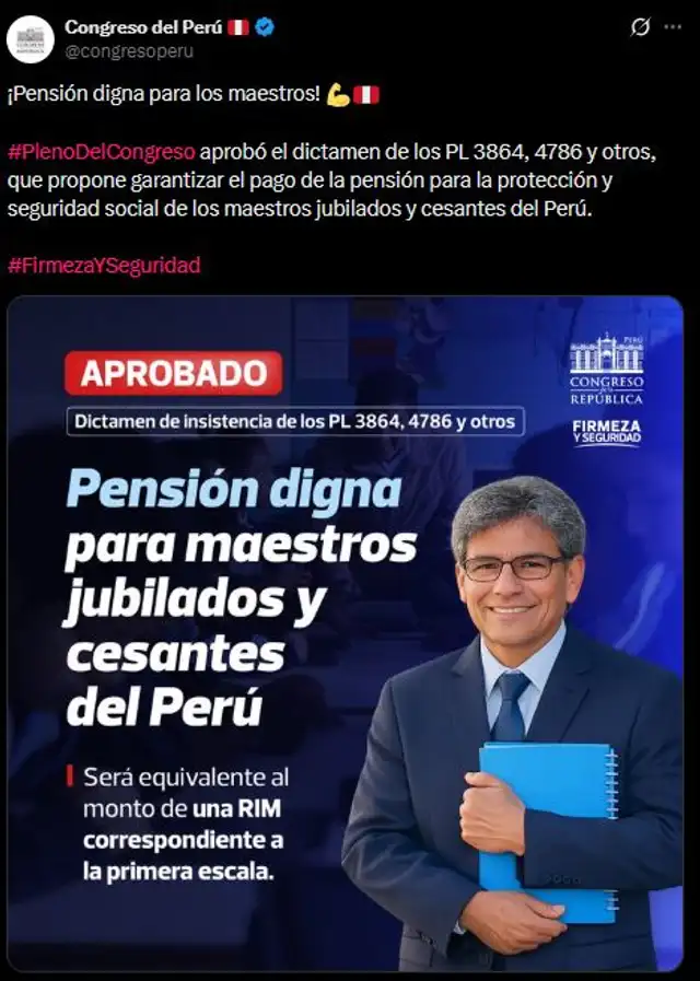 Congreso aprobó por insistencia aumento de pensión a docentes jubilados Congreso aprobó por insistencia aumento de pensión a docentes jubilados