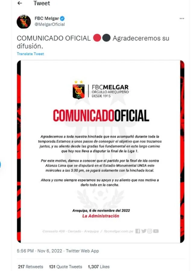 Crédito: Cuenta oficial de Twitter de Melgar FC   