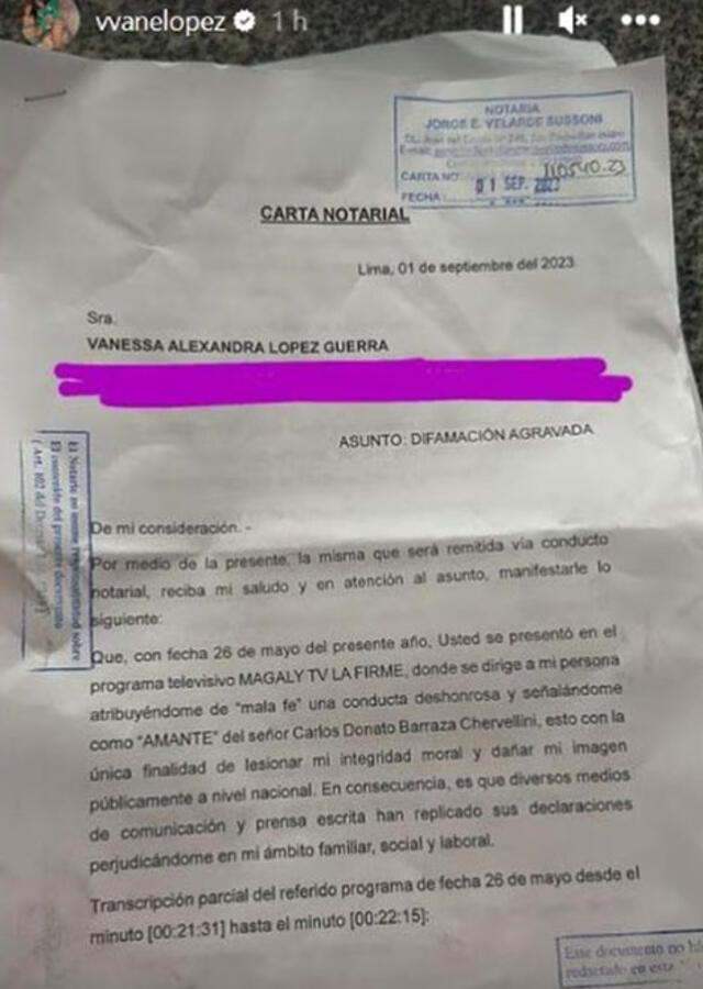 Ingrid Mijares envió carta notarial a Vanessa López. Foto: Instagram 