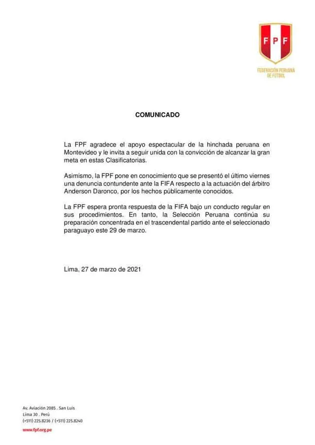 El comunicado de la FPF por la denuncia contra Daronco. - FUENTE: FPF.   