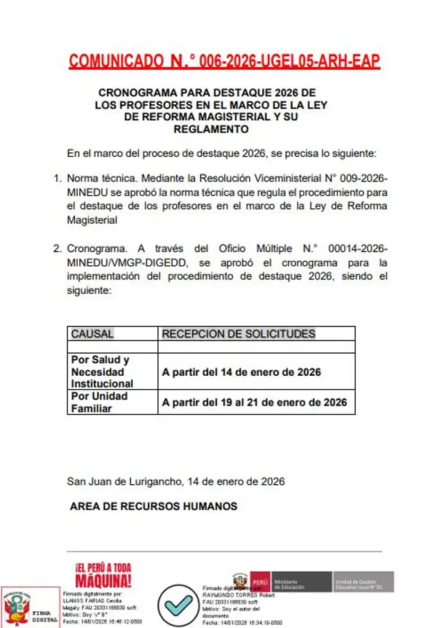 <strong> Minedu emitió cronograma para destaque 2026 de profesores</strong>   