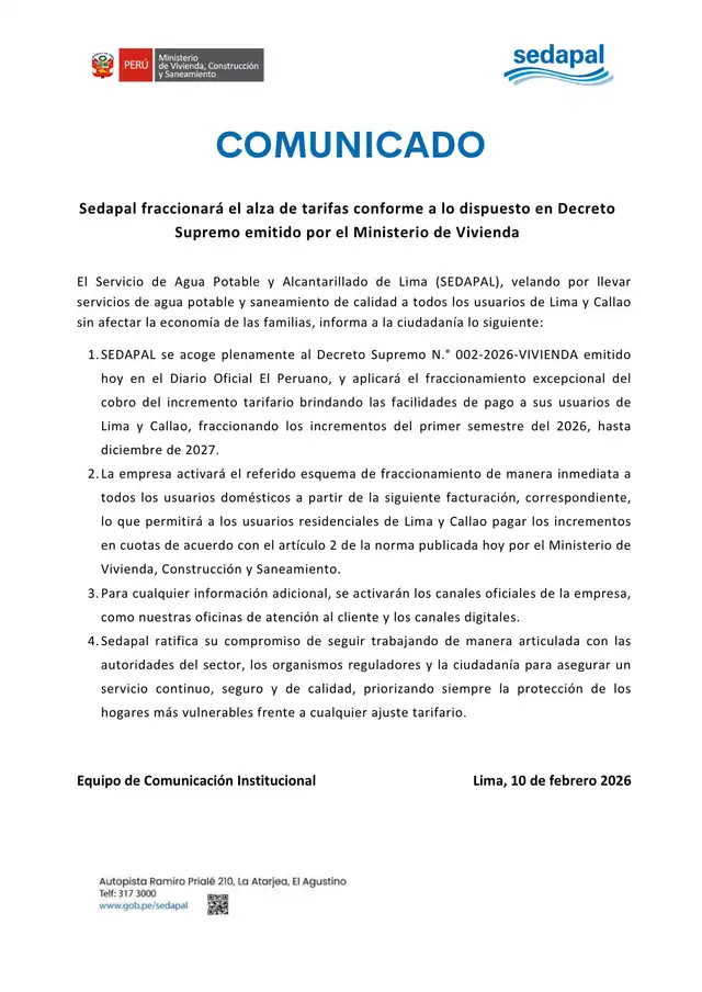 <strong> Sedapal anunció el incremento de sus tarifas tras decreto supremo</strong>   