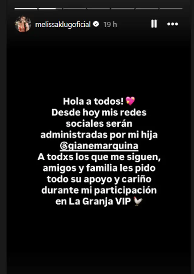 Melissa Klug anuncia que sus redes sociales quedarán a cargo de su hija.