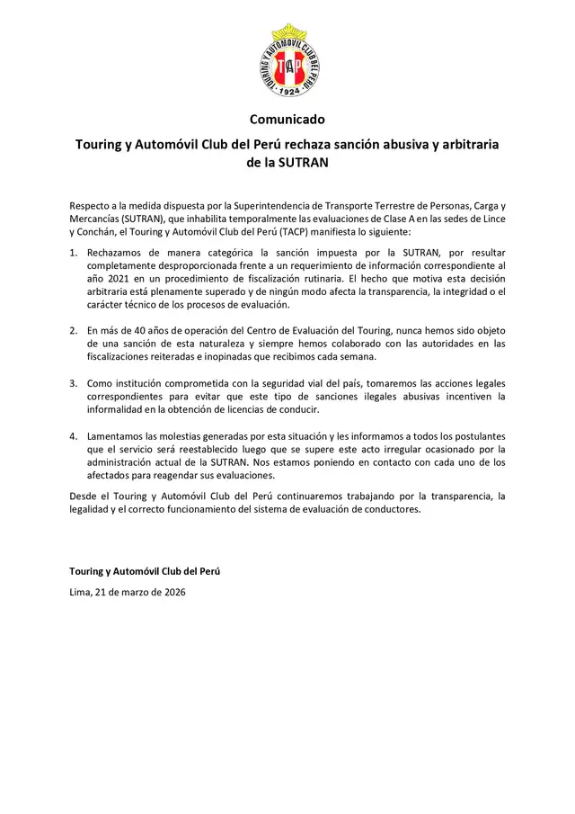 Comunicado del Touring y Automóvil Club del Perú tras medida de la Sutran.