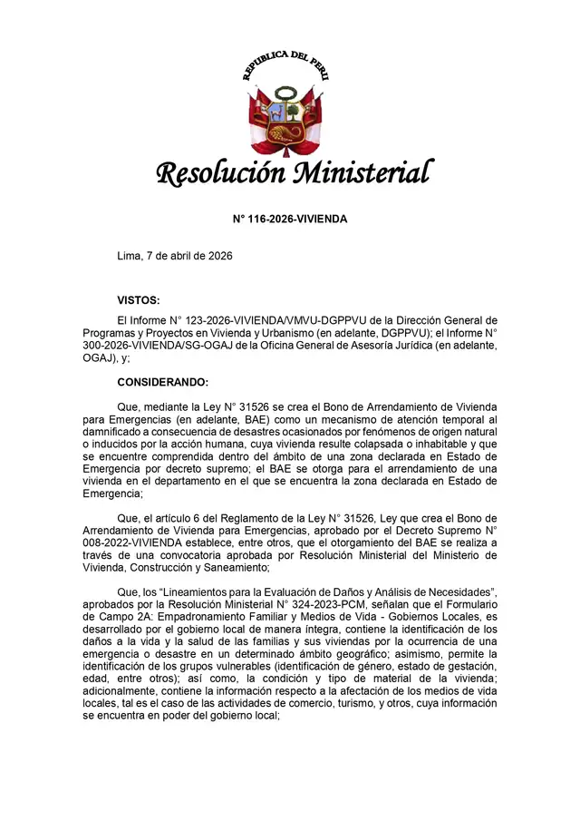 Resolución Ministerial N° 116-2026-VIVIENDA.