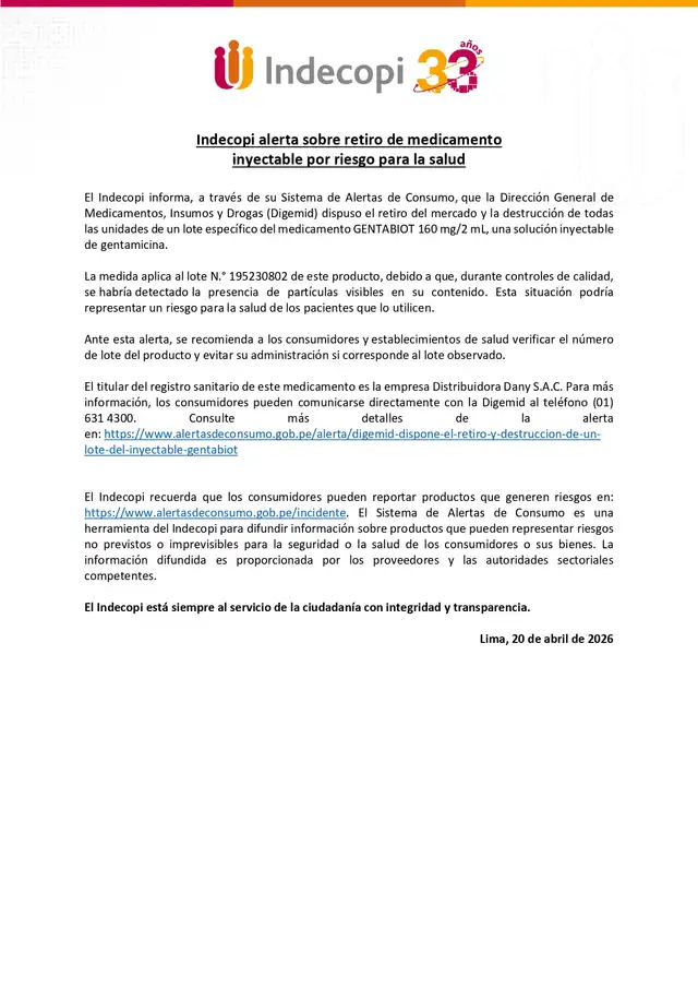Indecopi alerta sobre retiro del medicamento inyectable.