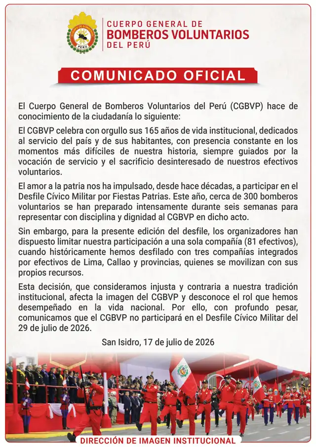 Bomberos confirmaron que no participarán en Desfile Cívico Militar Bomberos confirmaron que no participarán en Desfile Cívico Militar