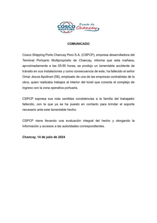 Puerto de Chancay confirma que víctima falleció dentro de sus instalaciones.