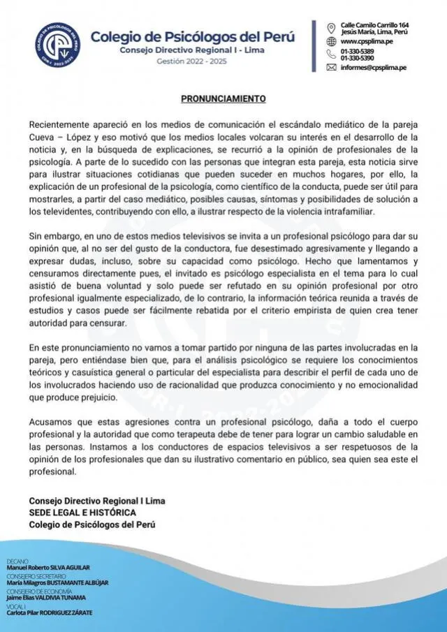 Colegio de Psicólogos se pronuncia por discusión entre Magaly Medina y Tomás Angulo.