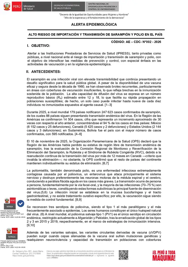 Minsa alerta sobre riesgo de importación de polio y sarampión en el territorio nacional.