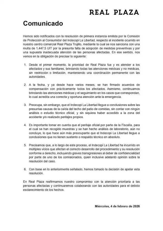 Comunicado de Real Plaza.