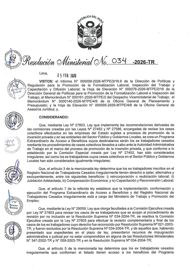 Resolución Ministerial N.° 034-2026-TR.