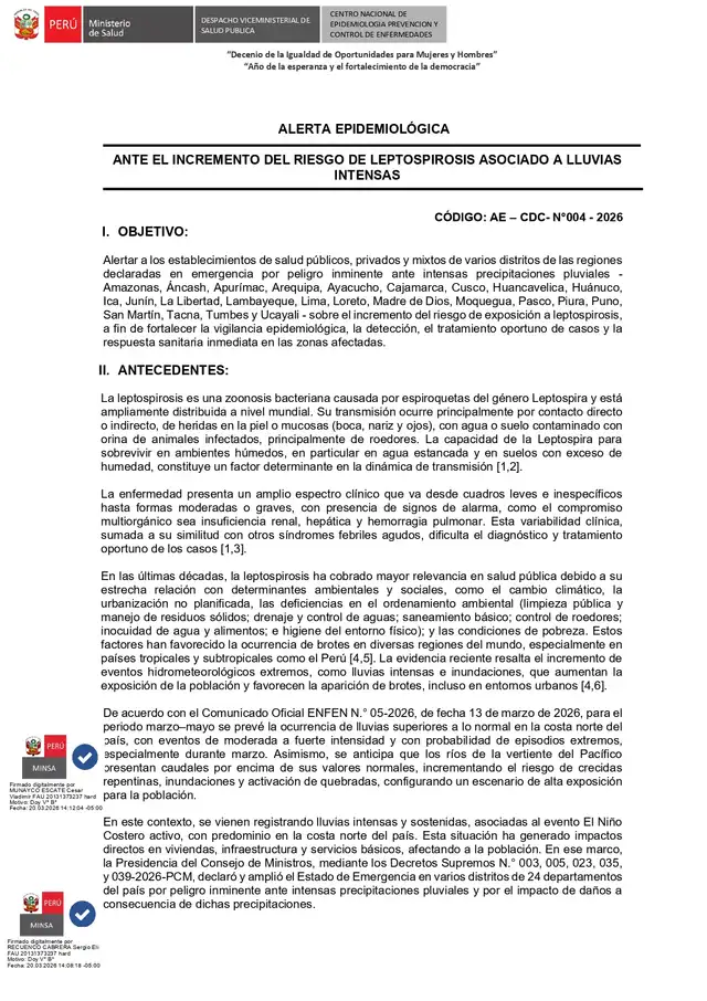 Alerta Epidemiológica AE-CDC-N°004-2026 del Minsa.