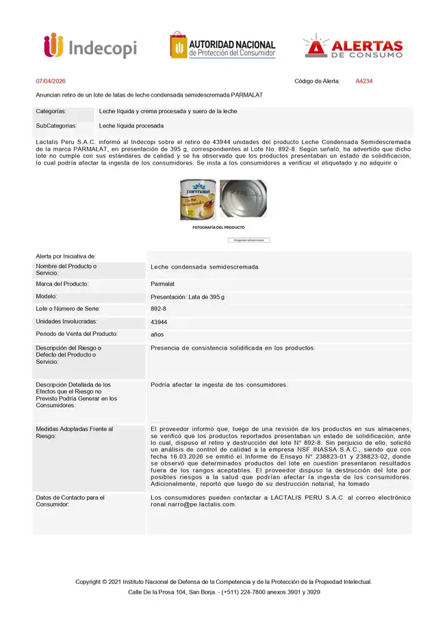 Indecopi retira 43 mil latas de leche condensada Parmalat por riesgo sanitario.