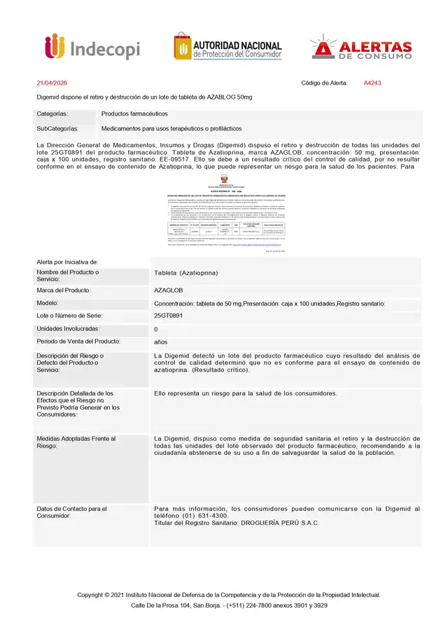 Indecopi ordena retirar lote de medicamento inmunosupresor por riesgo a la salud.