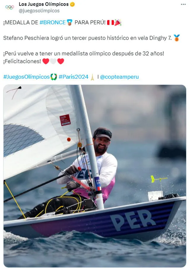 Juegos Olímpicos felicitó a Stefano Peschiera por la medalla de bronce. / Foto: X.   