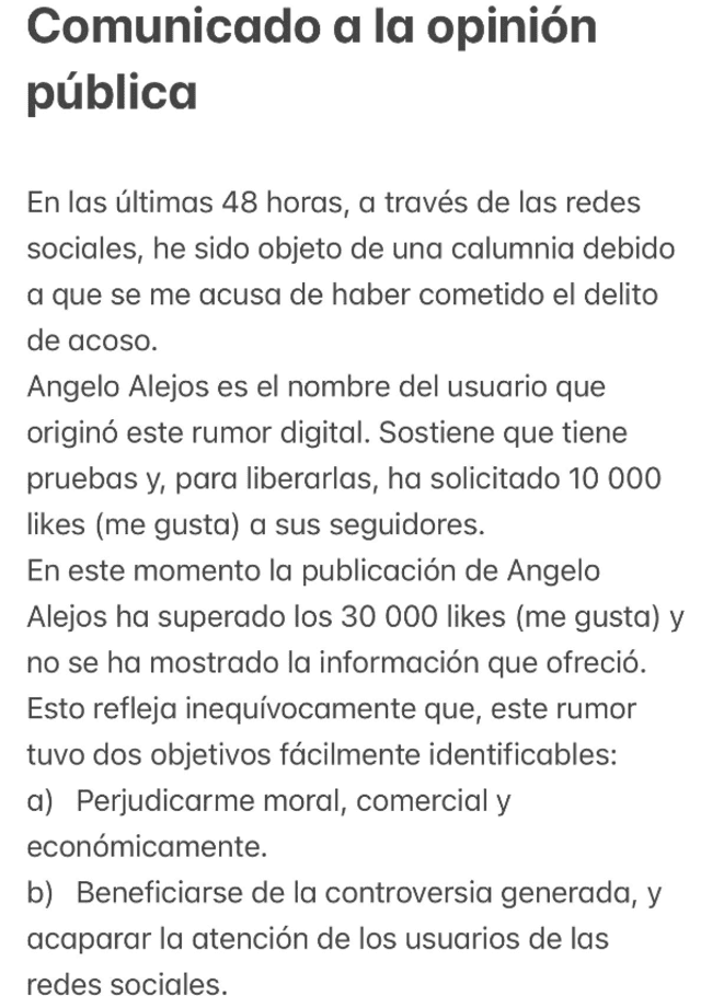 <strong>Javier Masías anuncia demanda por difamación a tiktoker Angelo Alejos.</strong>   