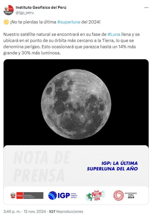 IGP dio detalles sobre la superluna en nuestro país  