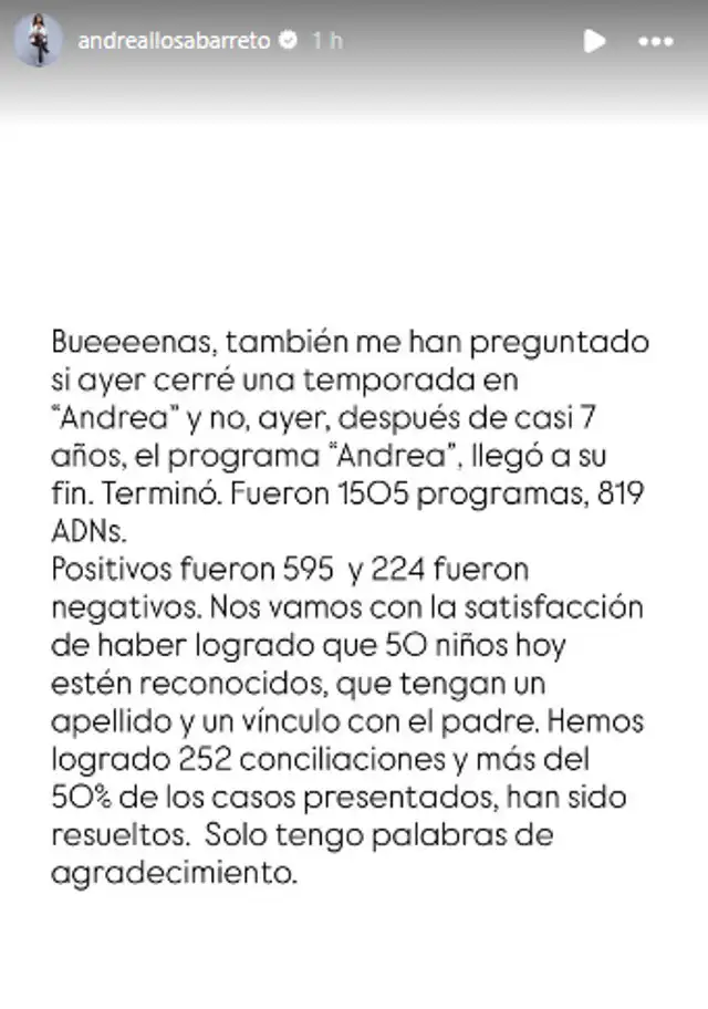 <em>Andrea Llosa confirma la salida del aire de 'Andrea'. Captura: Instagram</em>   