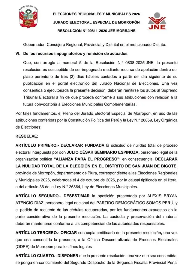 Resolución del Jurado Nacional de Elecciones.