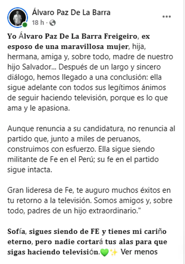 Álvaro Paz confirma la renuncia de Sofía Franco al cargo de diputada.   