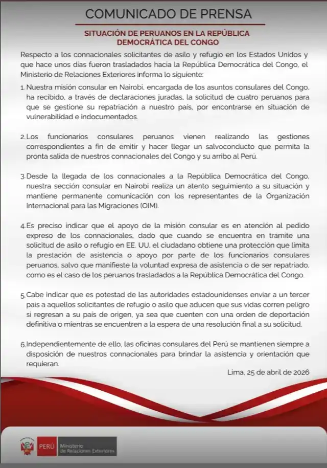 Comunicado del Ministerio de Relaciones Exteriores.