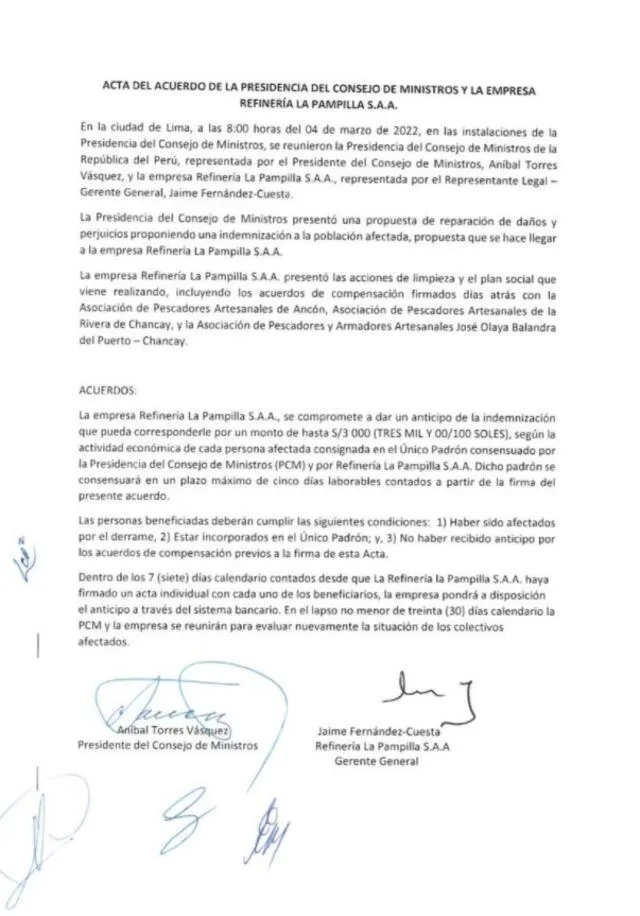 Repsol firma acuerdo con la Presidencia del Consejo de Ministros para indemnizar con S/ 3.000 a familias afectadas por derrame de petróleo.   