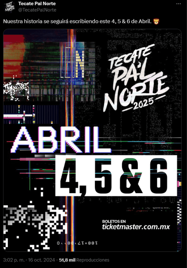 <em>Fechas del Festival Tecate Pal Norte 2025. Captura: X</em>   