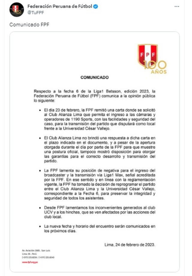 Crédito: Cuenta de Twitter de la FPF Crédito: Cuenta de Twitter de la FPF