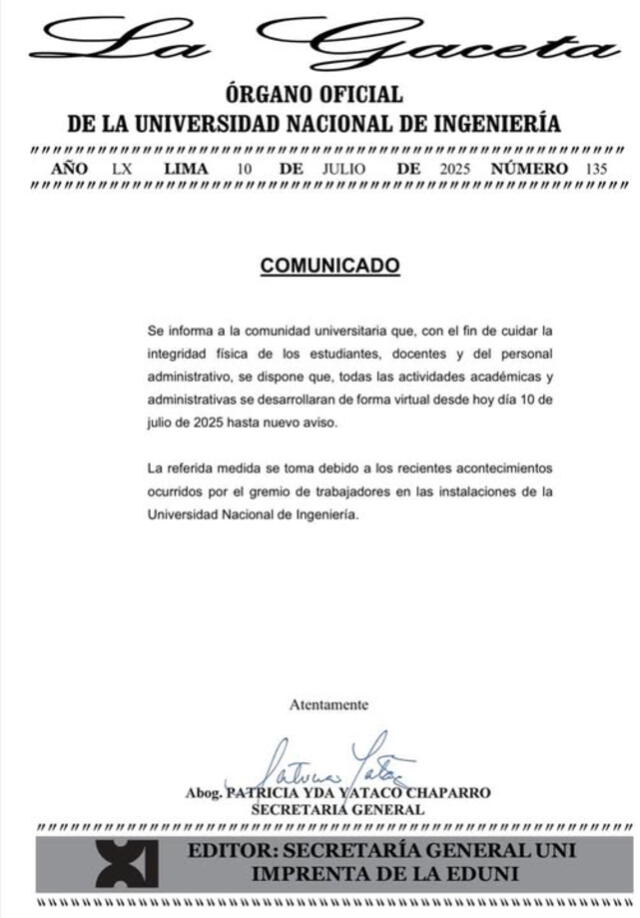 UNI lanzó comunicado oficial para dar a conocer la medida. UNI lanzó comunicado oficial para dar a conocer la medida.
