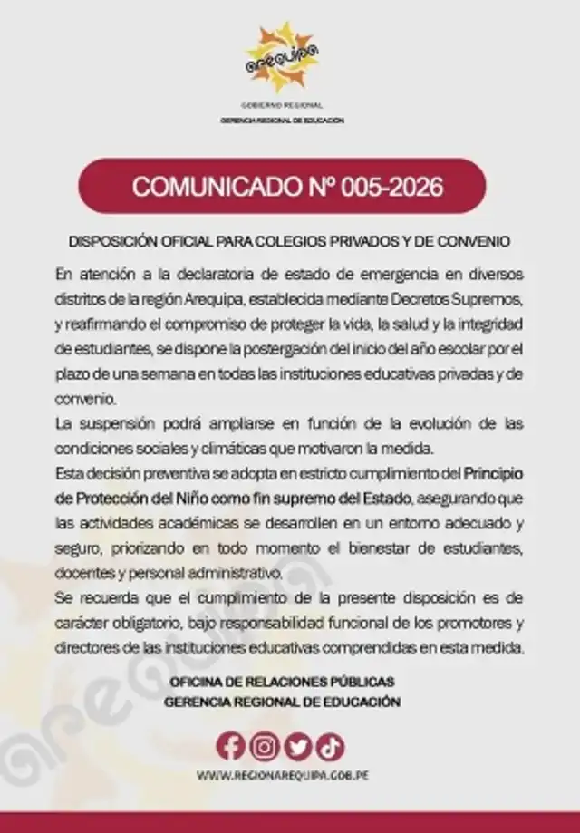 Gobierno Regional de Arequipa posterga el inicio de las clases escolares marzo 2026.