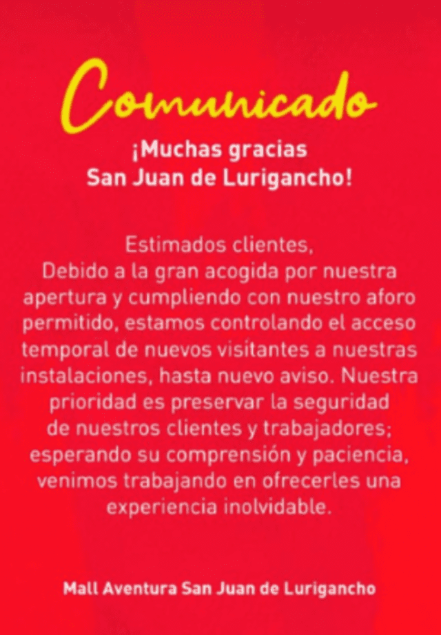 Mall Aventura San Juan de Lurigancho lanza comunicado tras cierre. 