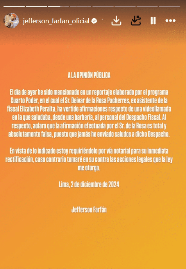  <strong>El comunicado de Jefferson Farfán advirtiendo carta notarial</strong>.   