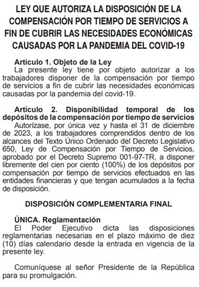  Gobierno aprueba la ley que dispone el retiro del 100 % de la CTS. Crédito/ El Peruano.   