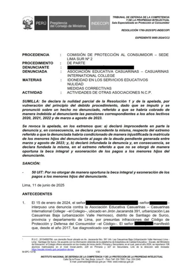 <strong> Resolución de Indecopi acepta queja de padre contra colegio Casuarinas</strong> <strong> Resolución de Indecopi acepta queja de padre contra colegio Casuarinas</strong>