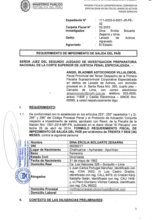 <strong> Piden 36 meses de impedimento de salida del país de Dina Boluarte</strong>   