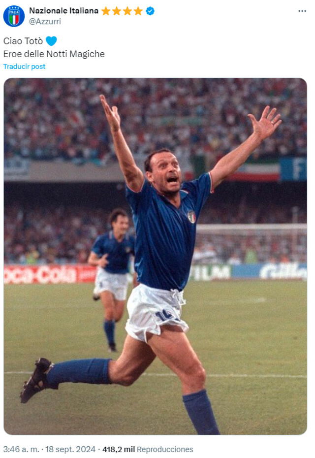 Selección de Italia lamentó la muerte de Schillaci. / Foto: X. 