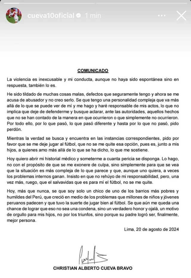 Comunicado de Christian Cueva en Instagram.  .