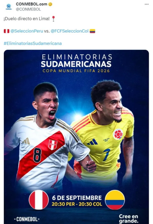 Perú vs. Colombia por la fecha 7 de las Eliminatorias 2026. Foto: CONMEBOL