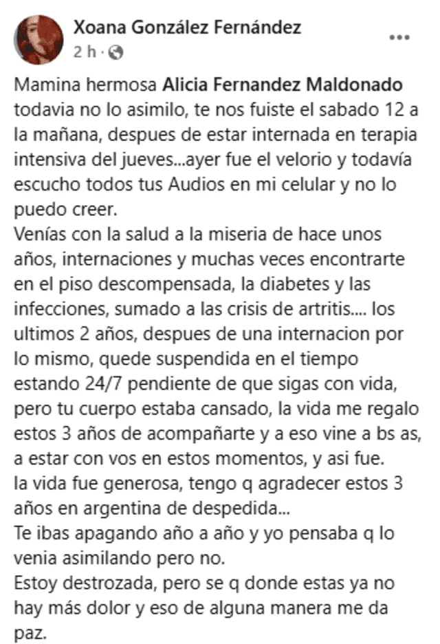 Xona anunció la partida de su madre en julio del 2025.